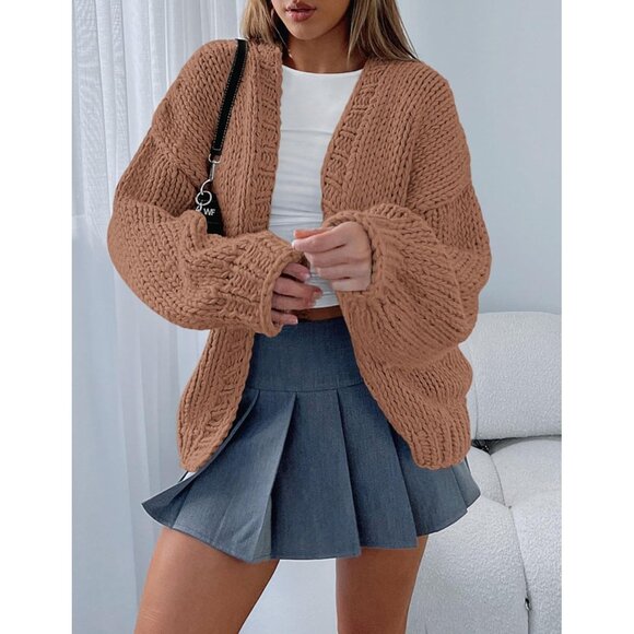 Womens Trendy Cardigan Sweaters Red Camel Long Sleeve Chunky Knit Outfits - Picture 7 of 8